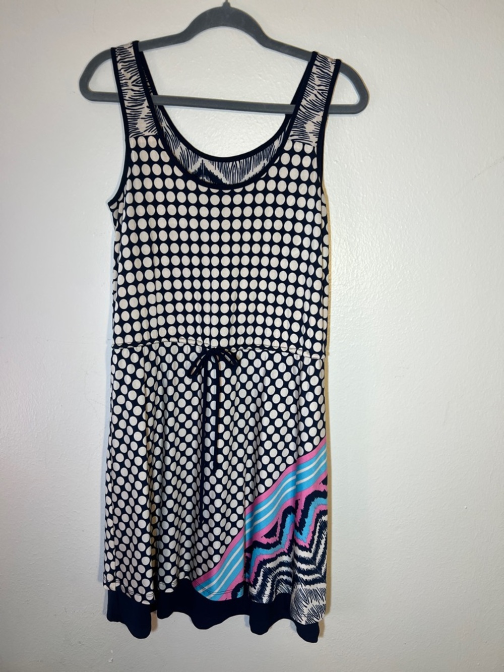 Sharon Max Navy Cream Polka Dot Tank Mini Dress Stretch Jersey Drawstring A-Line